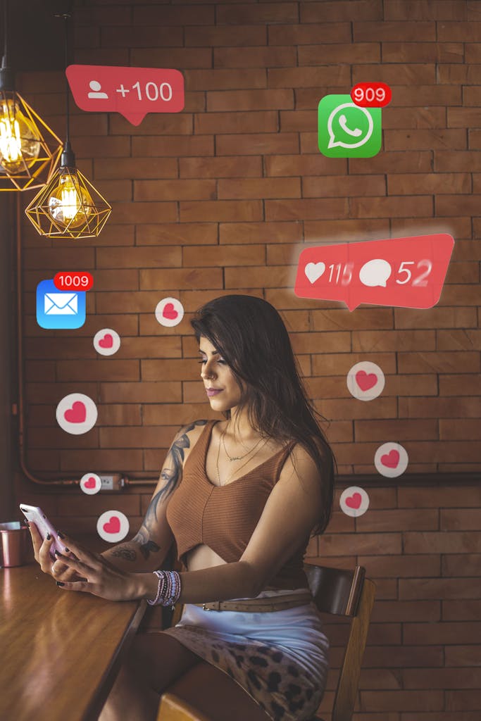 Woman using smartphone in cafe with social media notifications around.